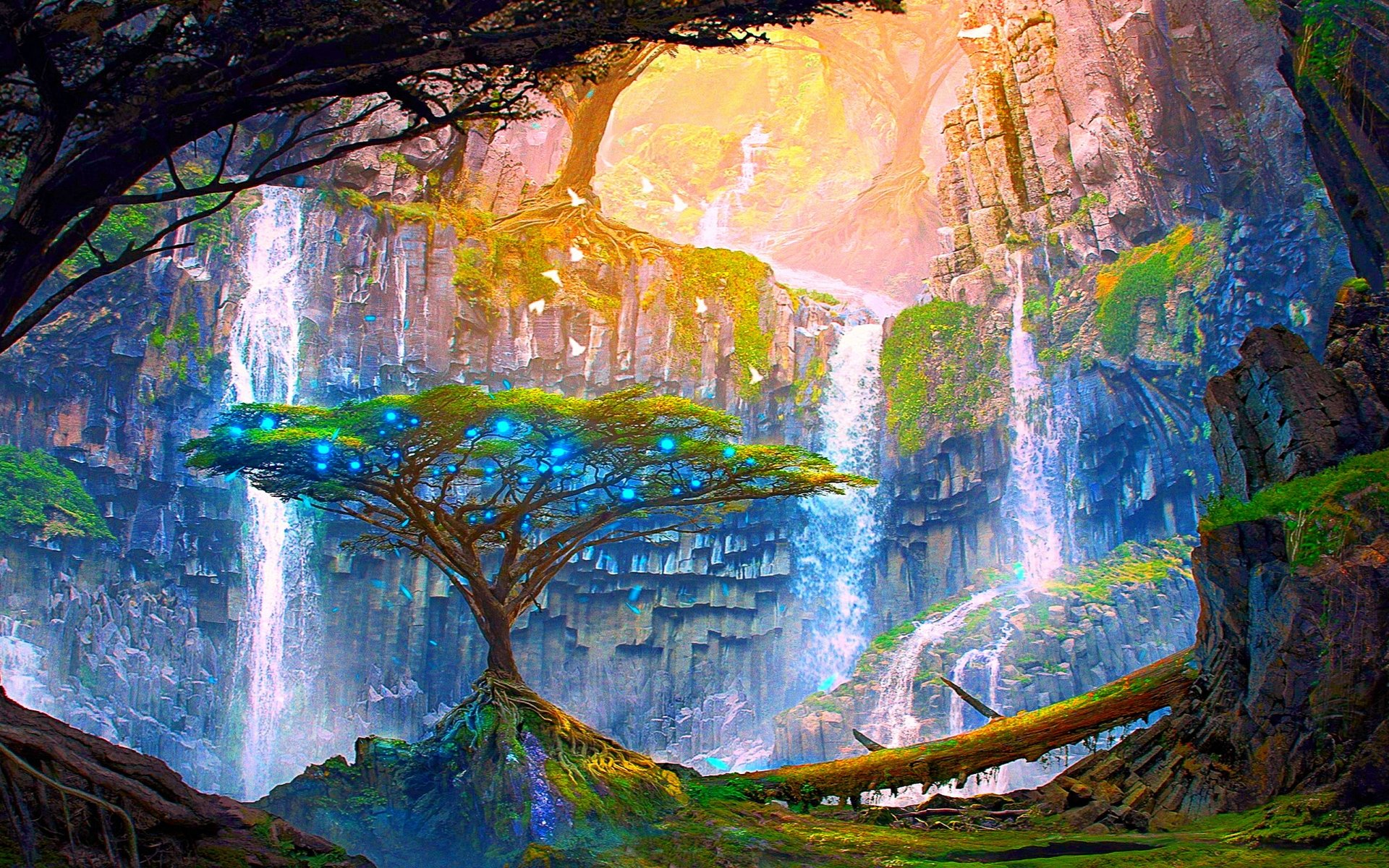 Волшебное место. Сказочные фантастические пейзажи. Сказочный водопад. Пейзажи из аватара. Водопад в сказочном лесу.