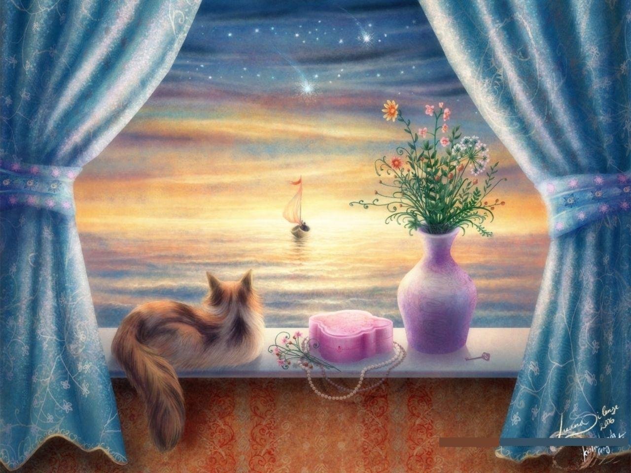 Мечты красивом теплом. Уютные иллюстрации. Кошки на окошке. Окошко сказочное. Сказка на окне.