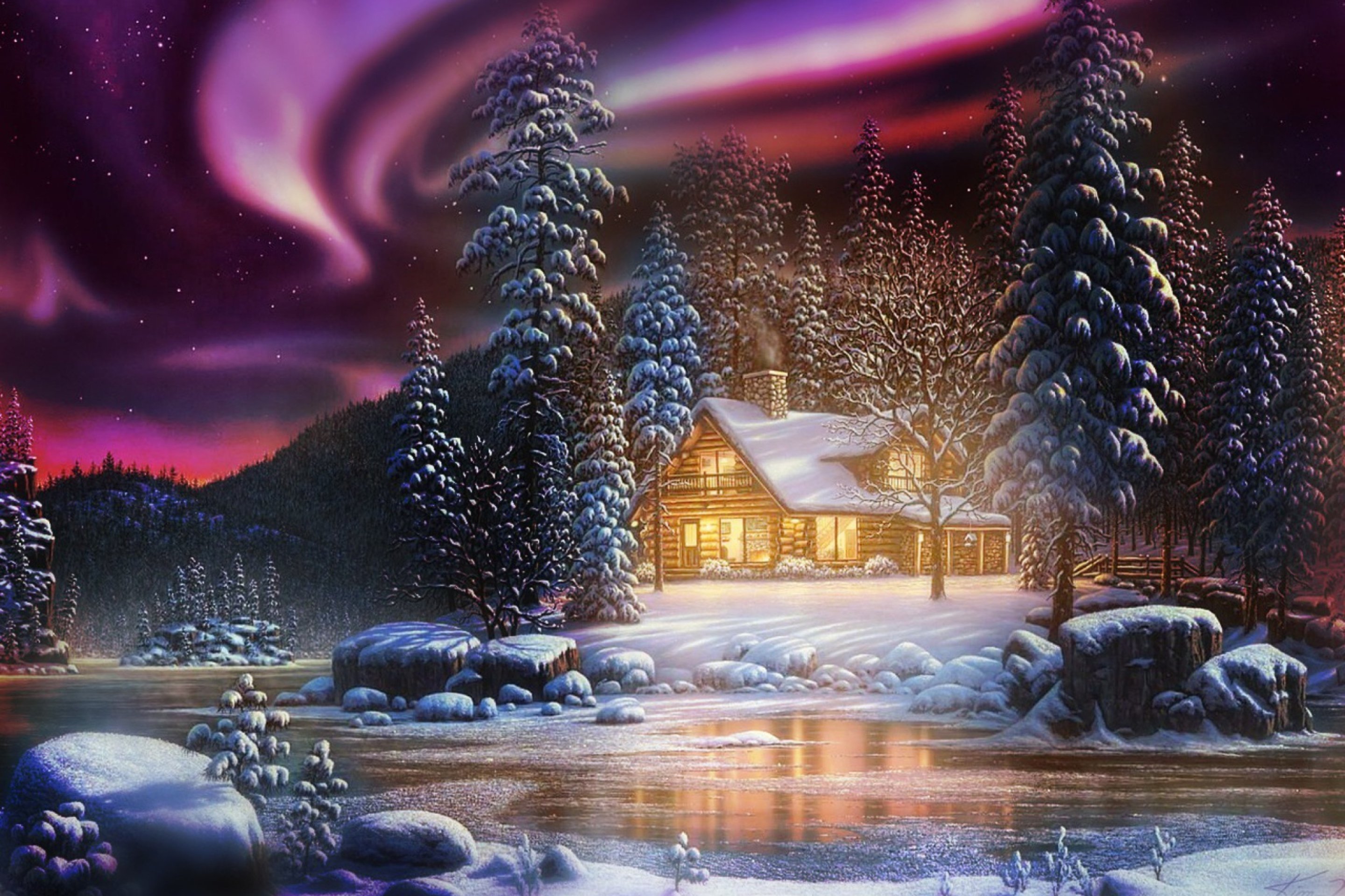 Веселый зимний вечер. Северное сияние Kim Norlien. Новогодний пейзаж. Новогодняя природа. Сказочная зима.