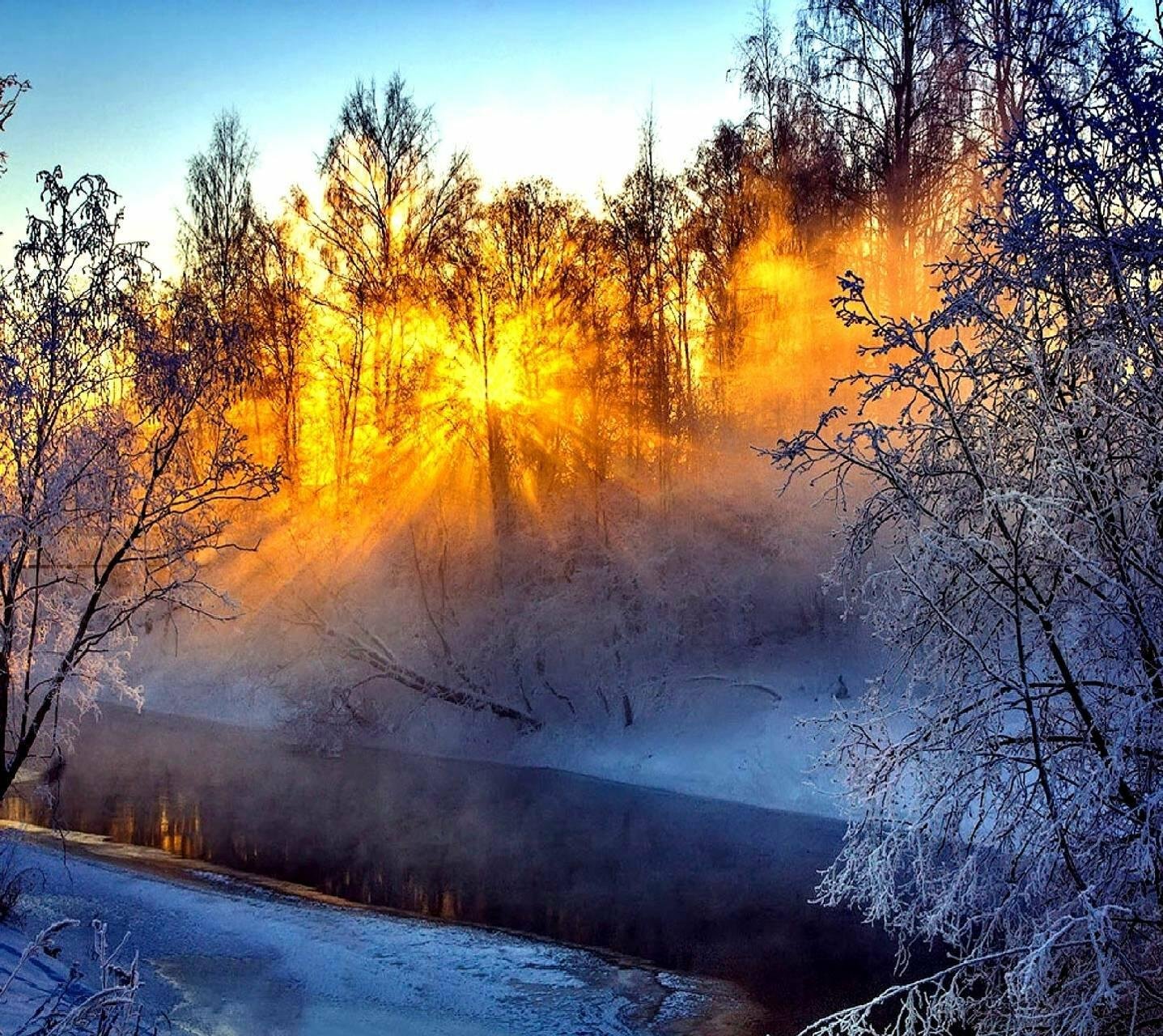 В морозные дни солнце восходит в тяжелом. Зимнее утро. Зимний рассвет. Рассвет в зимнем лесу. Морозное солнечное утро.
