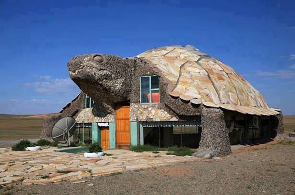 Виде необычной формы и. Дом - черепаха в пустыне Гоби, Монголия (ресторан). Дом черепаха Монголия. Необычный дом. Необычные домики.
