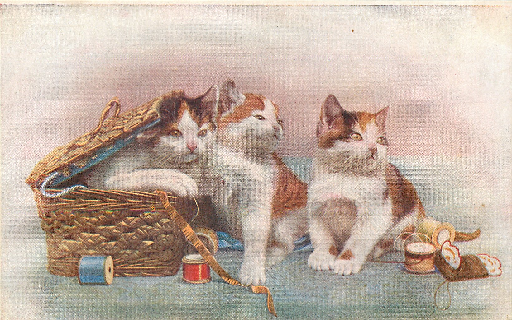 Винтажные открытки с котятами в корзинке