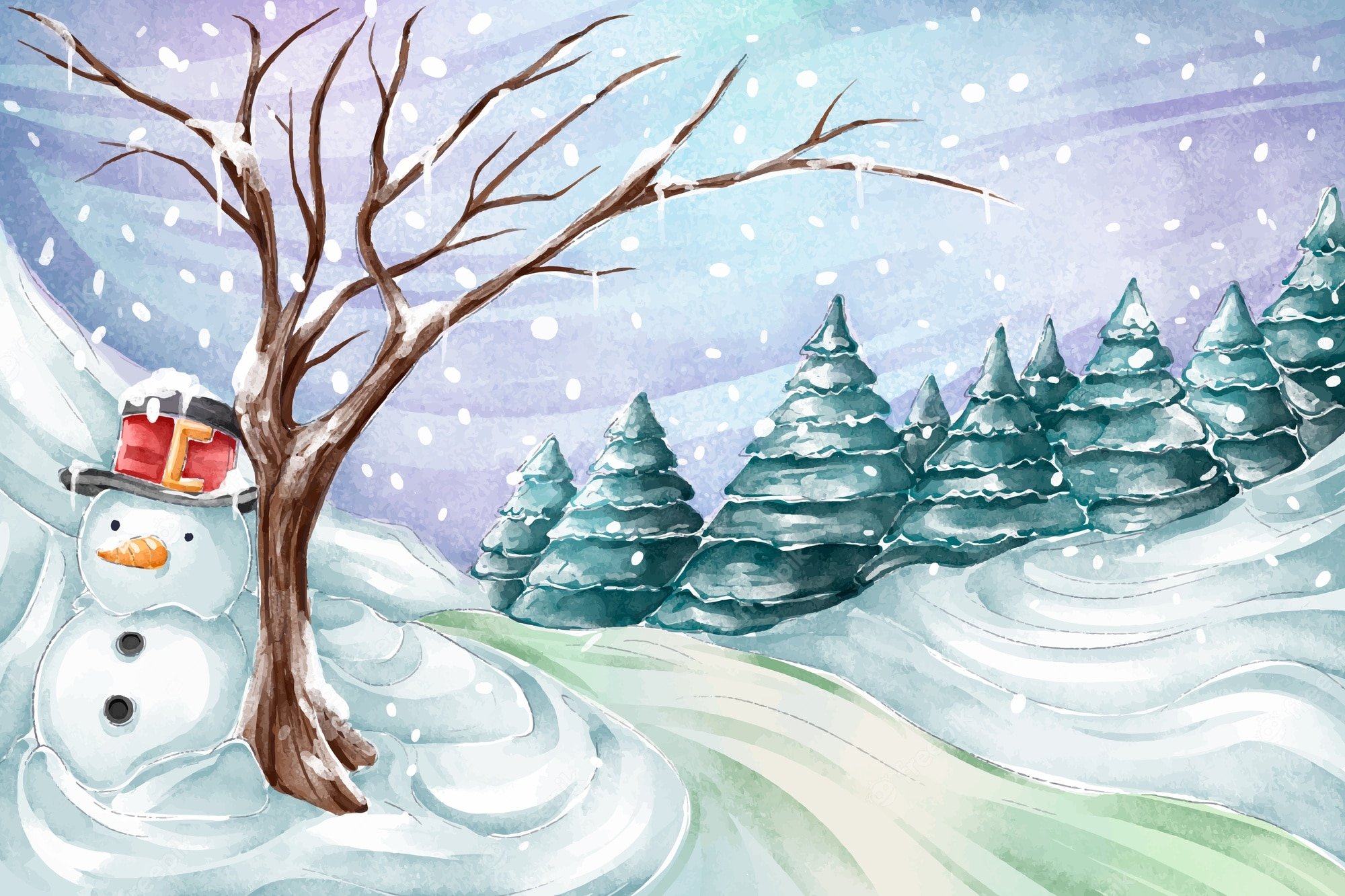 Снеговики пейзаж рисованием