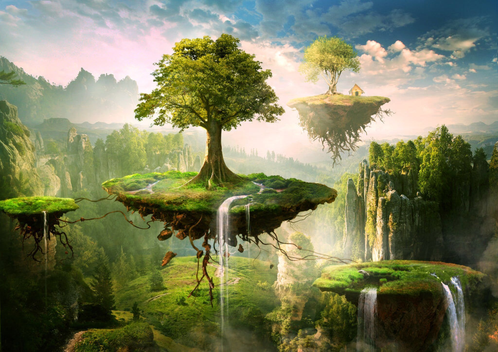 Мир фантастики 3. Яцек Йерка дерево. Фэнтези пейзажи. Летающие острова. Фантазийный пейзаж.