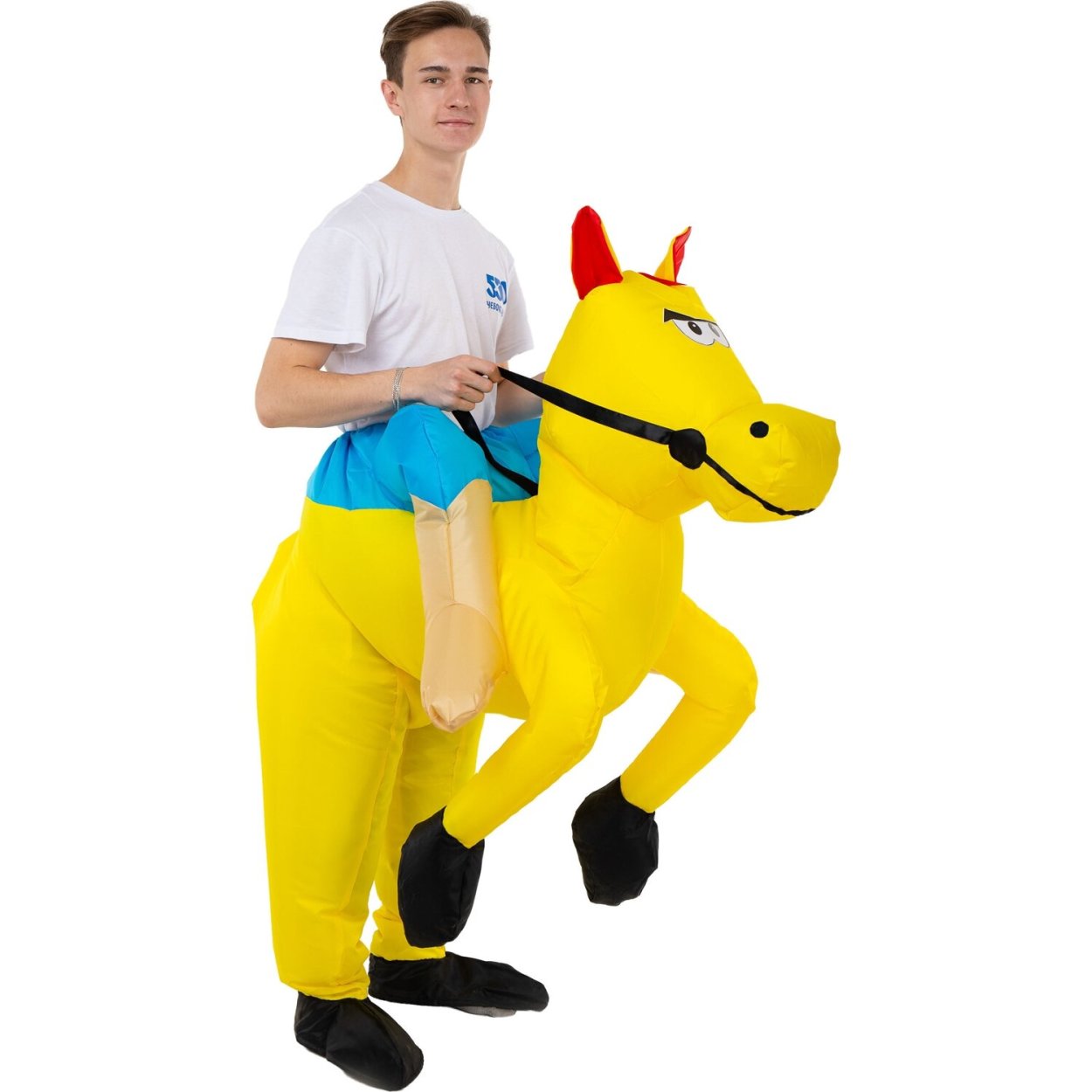 Желтая лошадка. Надувной костюм. Надувной костюм наездник. Костюм лошади. Надувной костюм коня.