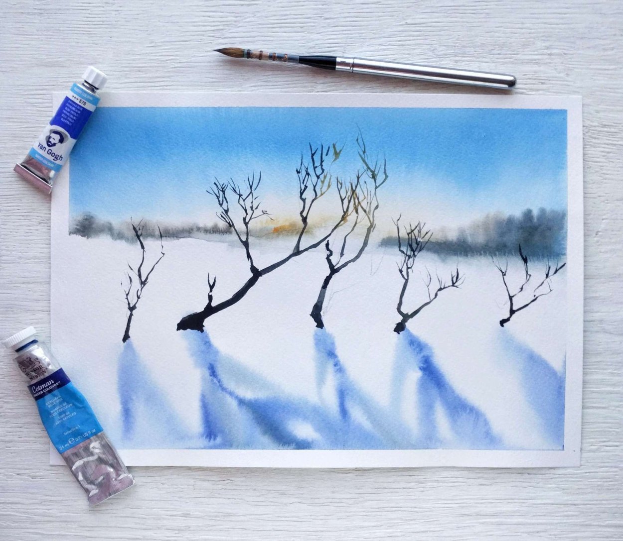 Зимний пейзаж рисунок цветными карандашами