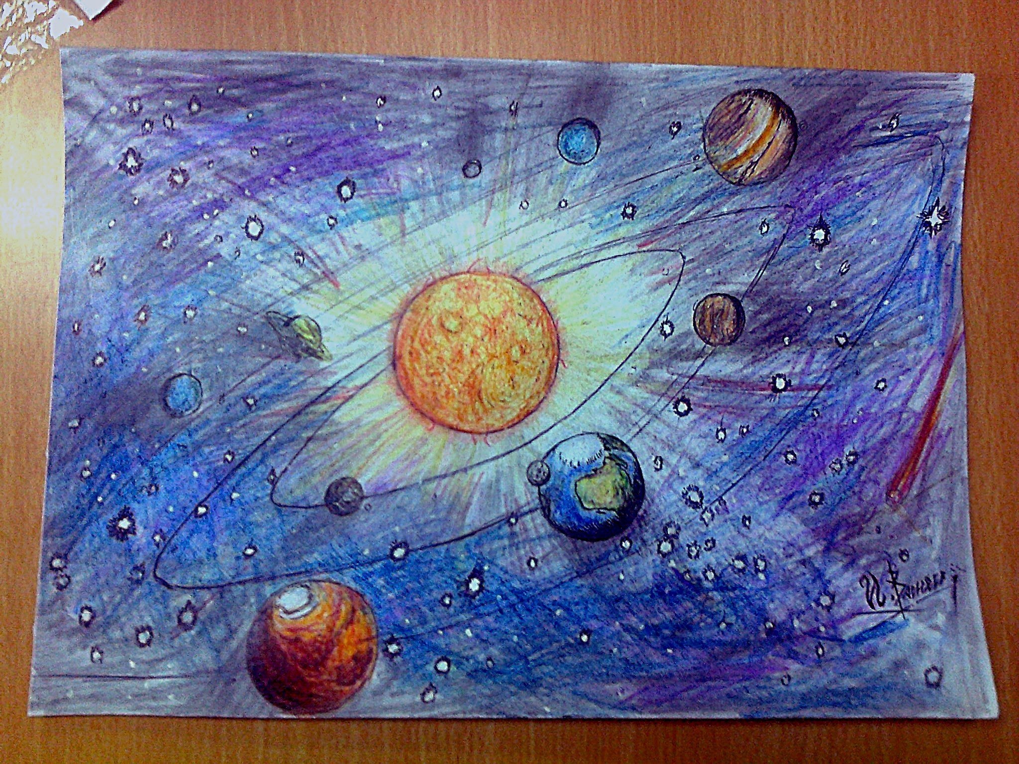 Космос рисунки цветные. Космос рисунок. Солнечная система рисунок красками. Космос акварелью для детей. Космос цветными карандашами.