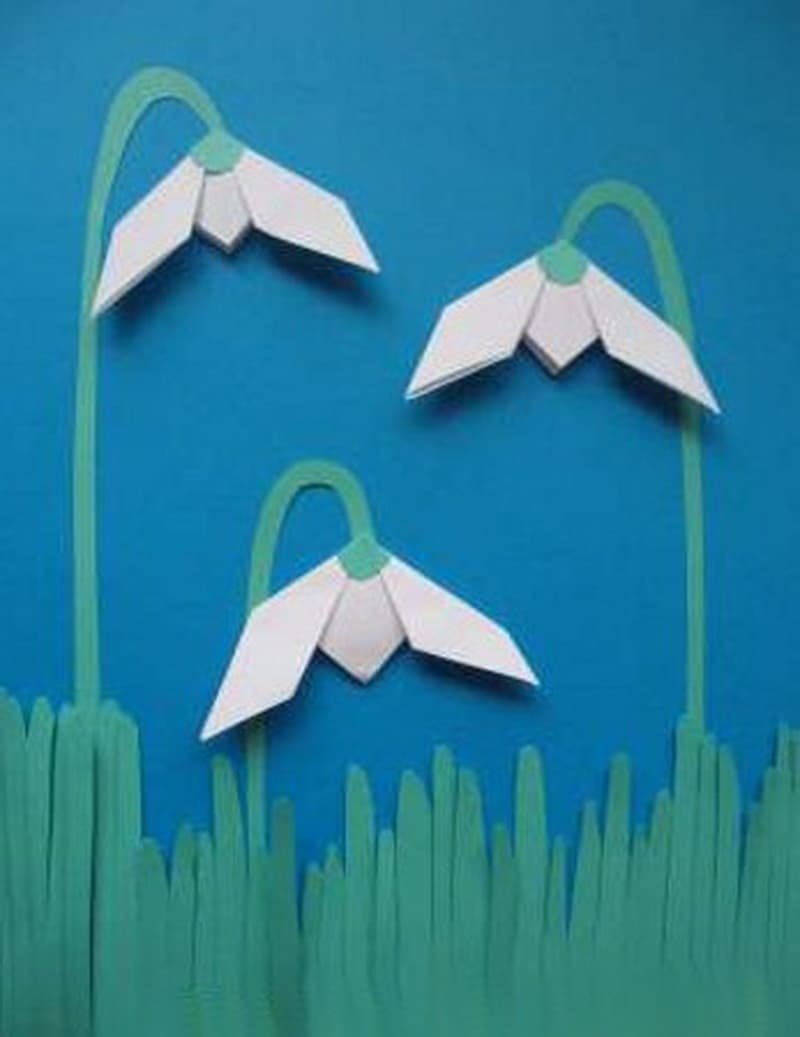 Весеннее оригами. Поделка подснежники. Поделка подснежники из бумаги для детей. Подснежники из бумаги для детей. Весенние поделки для детей.