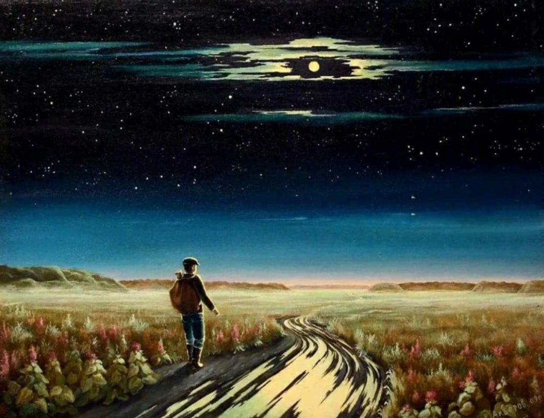 Шагаю по луне. Лермонтов кремнистый путь. Человек на дороге арт. Путь жизни арт. Жизненный путь арт.