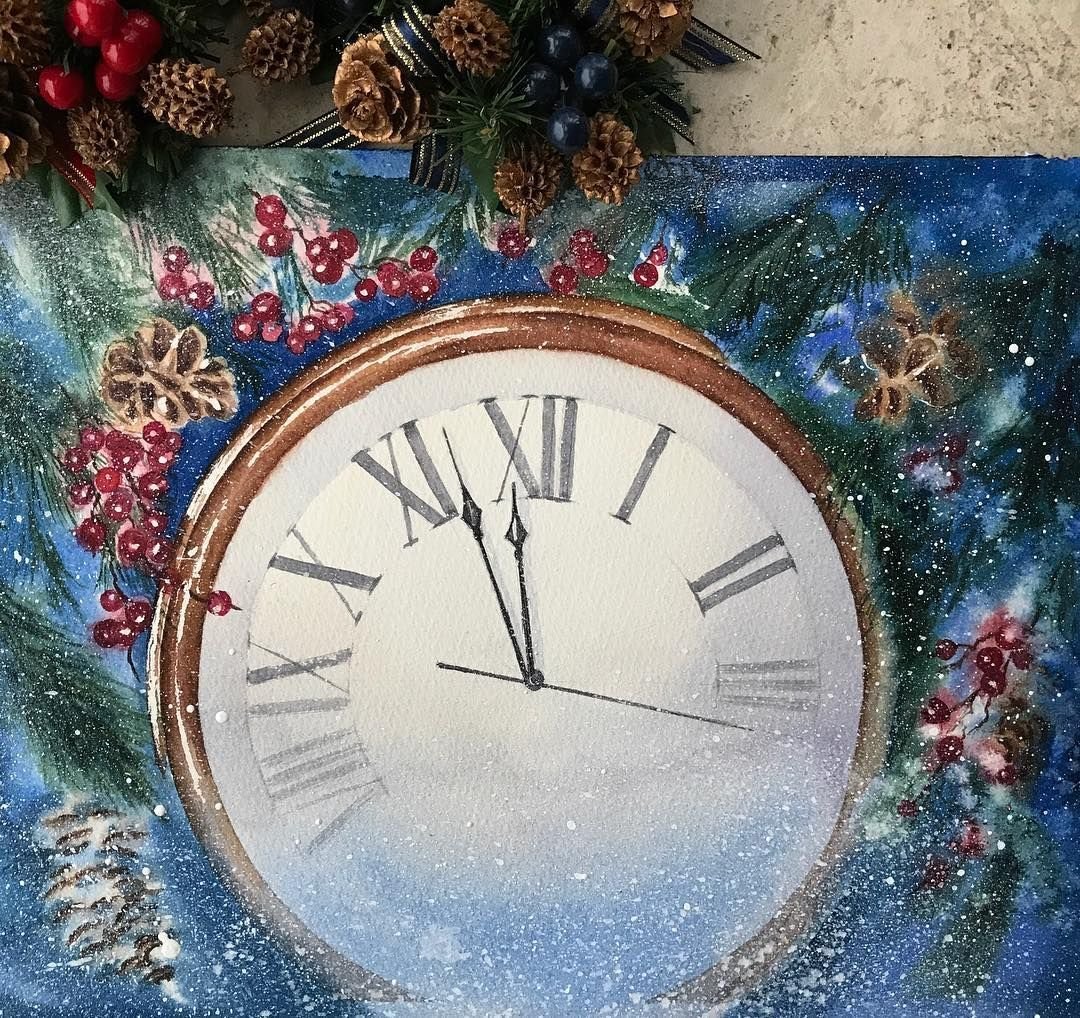 5 минут нового дня. Часы новогодние. Сказочные зимние часы. Часы новый год акварель. Волшебные новогодние часы.