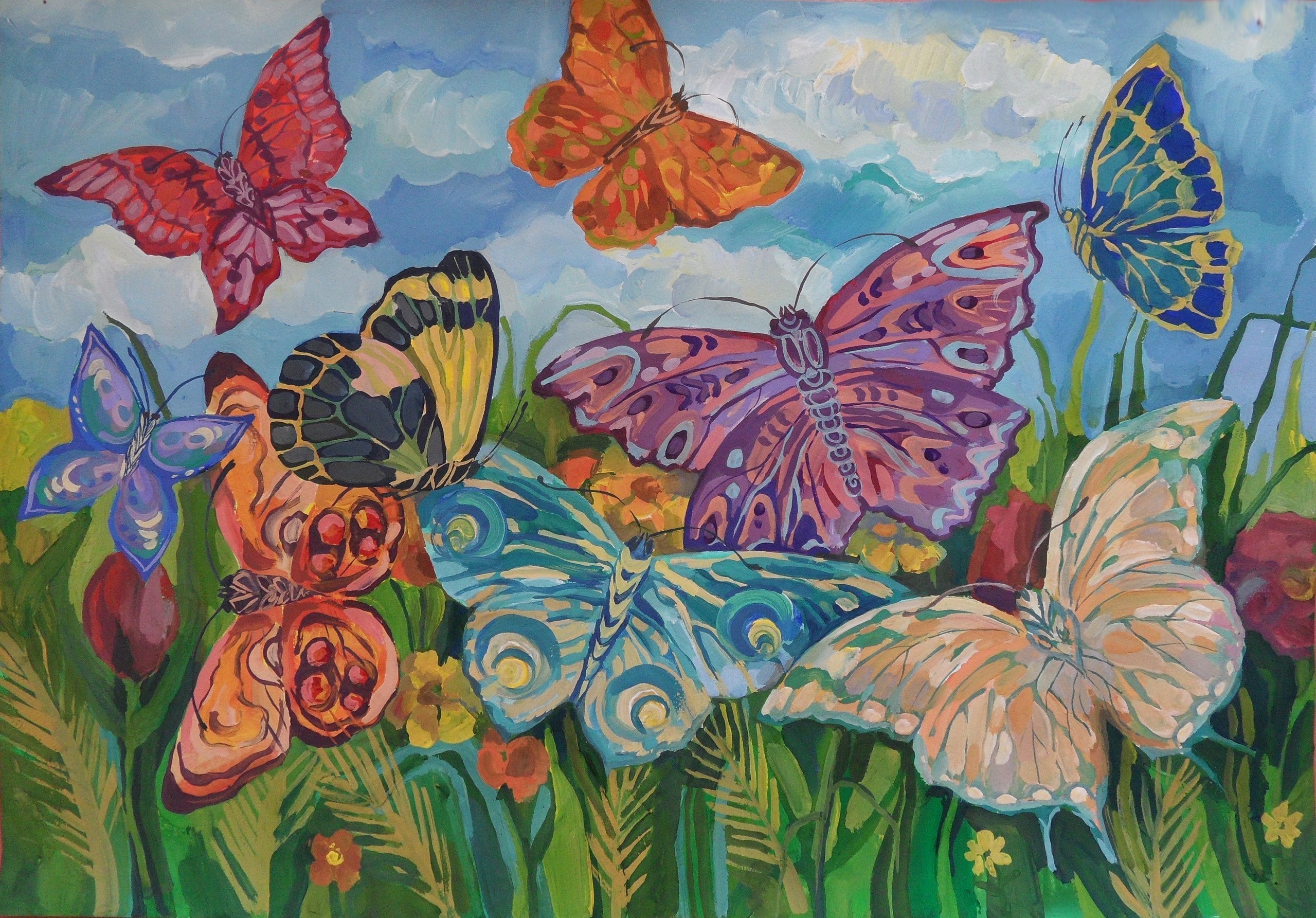 Произведение разноцветные бабочки. Бабочки в изобразительном искусстве. Бабочка красками. Пейзаж с бабочками. Декоративная живопись цветы.