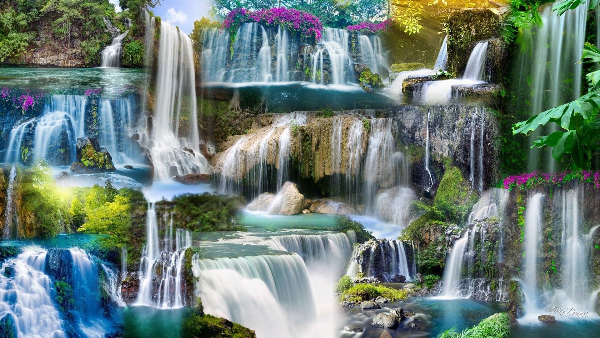 C живые обои. Водопад Нгалиема. Фон для рабочего стола водопад. Водопад коллаж. Сказочный водопад.