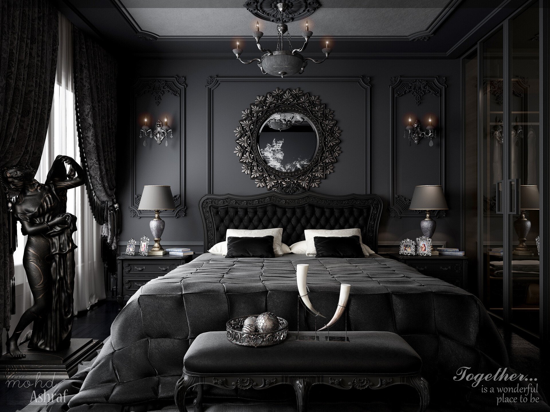 Темная красивая комната. Тотал Блэк спальня. Спальня в стиле тотал Блэк. Викторианская Готика интерьер спальни. Спальня в викторианском стиле Готика черно-белая.