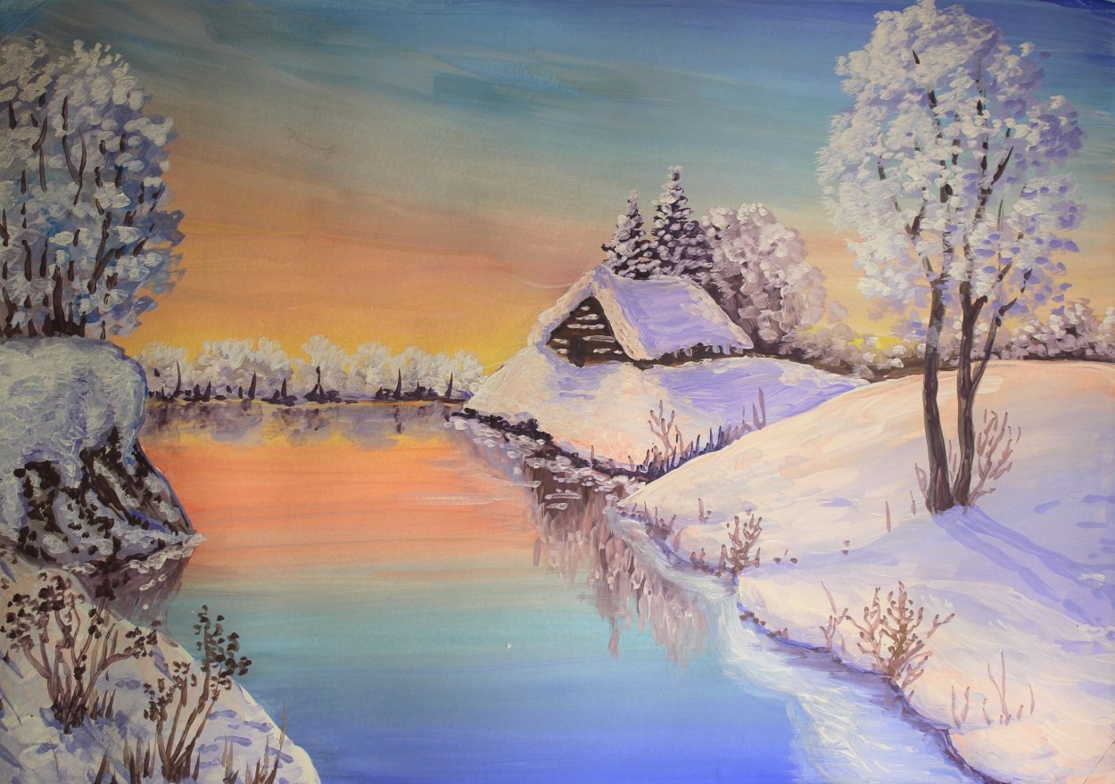 Зимний пейзаж рисунок красками
